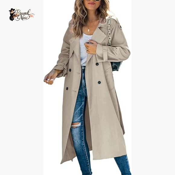 Double Breasted Long Trench Coat Windproof Slim Fit Overcoat with Belt